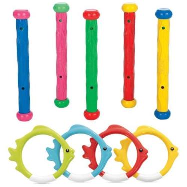 Imagem de Kit Brinquedo Para Piscina Caça Bastão e Argolas Coloridas Intex