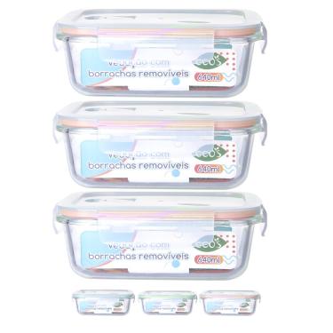 Imagem de Jogo 3 Potes de Vidro Marmita Tampa 4 Trava Hermética 640ml