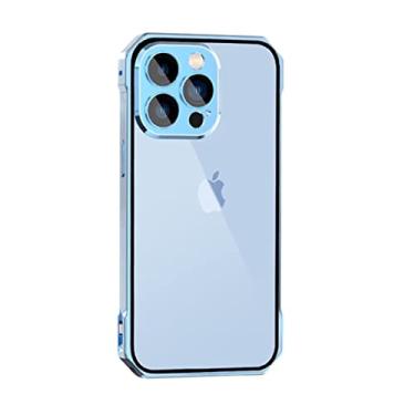 Imagem de Capa compatível com iPhone 13 Pro MAX, capa de metal de liga de alumínio com película de lente de câmera de vidro, capa traseira magnética rígida de policarbonato transparente proteção anti-riscos cobertura da moldura - azul claro