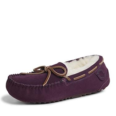 Imagem de Dearfoams Mocassim feminino Victoria genuíno de cisalhamento com gravata, Berinjela, 9
