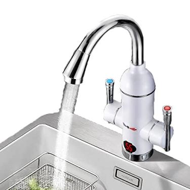 Imagem de Torneira de aquecedor de água quente elétrica instantânea torneira de cozinha banheiro alça dupla torneiras de aquecimento rápido rotativas de 360° com display digital LED, branco, embaixo