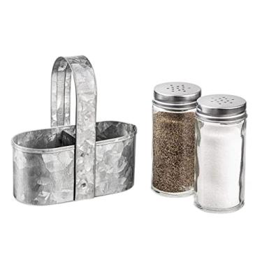 Imagem de Royalty Art Suporte de sal e pimenta para casa de fazenda com alça de transporte, decoração rústica para balcão de cozinha, mesa de piquenique, churrasco e acampamento, aço galvanizado prata