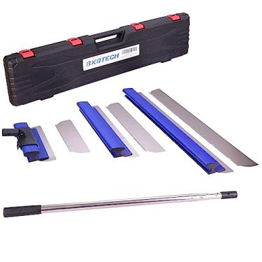 Imagem de BXGTECH Ferramentas de drywall lâmina de desfiar com cabo de extensão - lâminas de 30,5 cm, 50,8 cm e 81,2 cm com 2 lâminas de 0,3 mm, tampas de extremidade de ferramentas de construção, placa de parede com caixa externa em azul