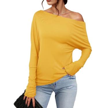 Imagem de Meetrendi Camiseta feminina assimétrica de manga comprida moderna sexy com ombro de fora 2024 camiseta túnica casual solta lisa, Amarelo, GG