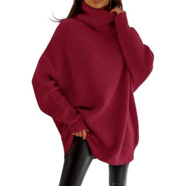 Imagem de imesrun Suéter feminino de gola rolê grande pulôver grosso pulôver casual outono tricô túnica top, Borgonha, P