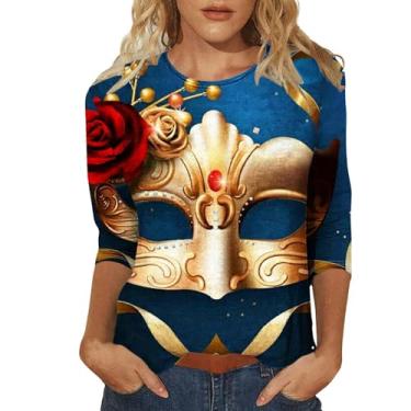 Imagem de Camiseta feminina de carnaval com estampa de carnaval túnica 2024 manga 3/4 gola redonda camiseta de manga longa, Amarelo, 4G