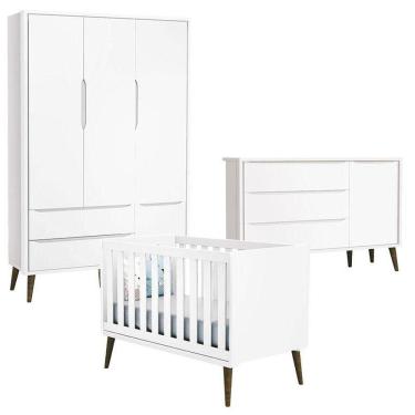 Imagem de Quarto De Bebê Theo 3 Portas Com Cômoda Com Porta Branco Acetinado Com Pés Amadeirado - Reller