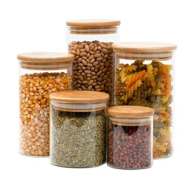 Imagem de Kit 5 potes de vidro tampa de bambu herméticos redondos - Tüd