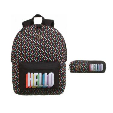 Imagem de Kit Mochila + Estojo Capricho Hello Preta com Poá Colorido Ref: 11913 e 11914 Dermiwil