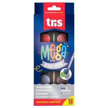 Imagem de Tinta Aquarela Tris Mega Aqua Color Pastilha Metálica 12 Cores 1 Pince