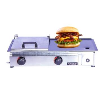 Imagem de Chapa Luxo Chapeira Lanche Bife Porção Com Prensa Abafador 70x30 A Gás