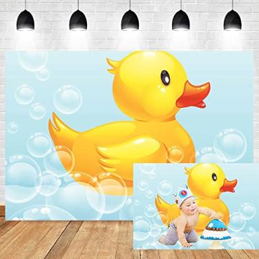 Imagem de DORCEV Pano de fundo amarelo de 1,8 x 1,2 m, pato bolha, borracha, doce, chá de bebê, fundo azul para fotografia, recém-nascidos, crianças, festa de aniversário, banner, decoração de vinil para