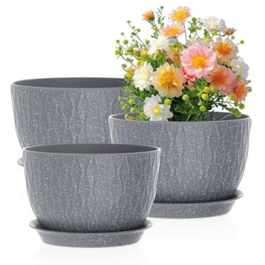 Imagem de Meowell Vasos de flores grandes de 31/10/23 cm, 3 conjuntos de vasos grandes para plantas internas ao ar livre com ondulações de água, vasos de plástico largos com orifícios de drenagem e pires para
