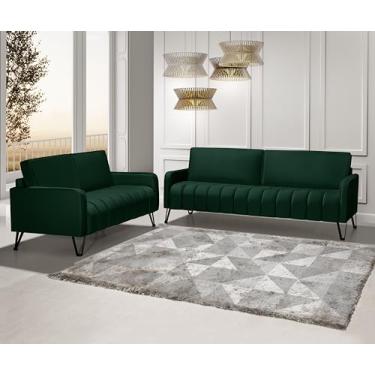 Imagem de Conjunto Sofá Living 3 E 2 Lug. Savana - Pé De Ferro - Veludo Verde