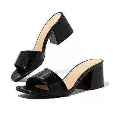 Imagem de Moda feminina chinelos senhoras dedo do pé quadrado feminino slides sapatos de verão sandálias de salto alto sandálias para mulheres(Black,42EU)