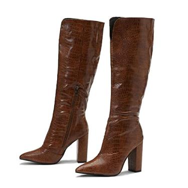 Imagem de Botas pretas de qualidade até o joelho botas femininas com zíper salto alto quadrado pontiagudo(Brown half zipper,41EU)
