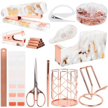 Imagem de ChezAbbey Acessórios Para Mesa De Escritório - 14 Peças Conjunto De Decoração De Mesa De Mármore Rosa Dourado Feminino, Kit De Itens Essenciais De Escritório Estéticos Fofos, Organizador De Canetas