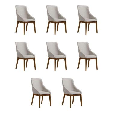 Imagem de Kit 8 Cadeiras De Jantar Elisa Nobre Estofada Liso Linho Bege Base Madeira Maciça Imbuia