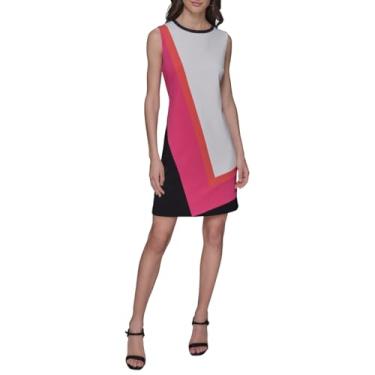 Imagem de KARL LAGERFELD Vestido feminino com gola redonda e sem mangas, Combo branco macio/fúcsia, 36