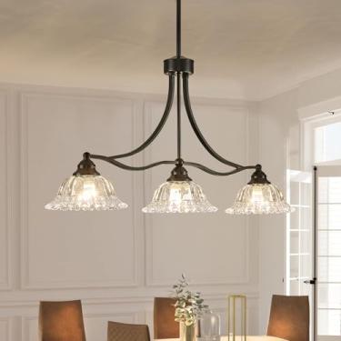 Imagem de BEIOPBRN Luminárias Pendentes Vintage De 3 Luzes Para Sala De Jantar, Luminária Suspensa Preta Para Ilha De Cozinha Com Abajur De Flores, Luminária De Teto Com Altura Ajustável Para Mesa De Cozinha