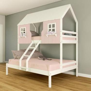 Imagem de Beliche Casal/ Solteiro Casinha Encantada Madeira Maciça Rosa/ Branco 