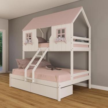 Imagem de Beliche Casal/ Solteiro Casinha Encantada com 02 Gavetas Madeira Maciça Branco/ Rosa Housin