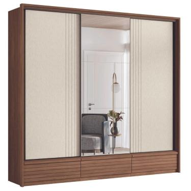 Imagem de Roupeiro 3 Portas Ripado Com Espelho Flex Braga Jatoba Areia