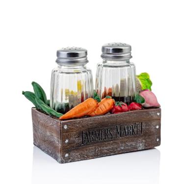 Imagem de Cesta de vegetais de resina, conjunto de sal e pimenta com potes de vidro – suporte decorativo para coqueteleira – Dispensador de sal e pimenta