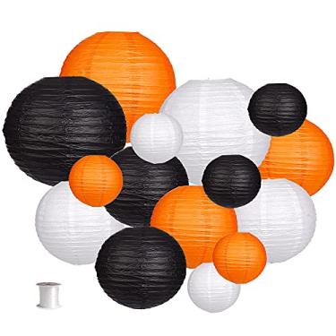 Imagem de Lanternas de papel decorativas, artigos de festa para Dia das Bruxas, decorações de festa de aniversário, preto/laranja/branco, 15 peças