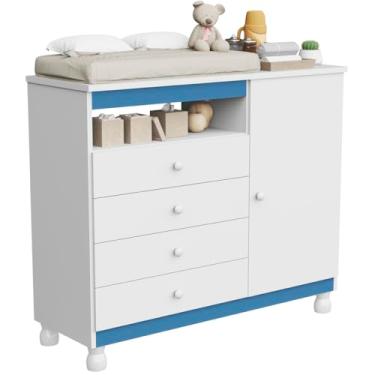 Imagem de Cômoda Baby Infantil com Trocador 4 Gavetas e 1 Porta sapateira Quarto de Bebê Branco Organizador multifuncional cor azul