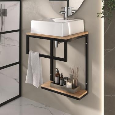 Imagem de Conjunto Gabinete Banheiro Industrial Ferri 42CM Ferragem Preta/Madeirado/Cuba Branca