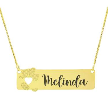 Imagem de Colar Personalizado Ursinho Coração Vazado Gravação Melinda Banhado Ouro 18K - 999012430