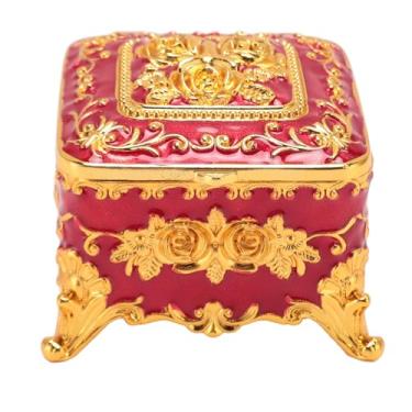 Imagem de Caixa de jóias de metal vintage de estilo europeu Caixa de armazenamento de jóias decorativas de bugigangas para briários Colares de colares de zinco retro Antique padrão floral (Vermelho)