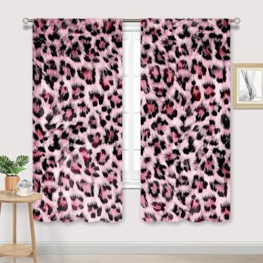 Imagem de Cinbloo Cortinas com estampa de leopardo rosa 106 cm L x 150 cm A bolso de haste padrão de pele de safári selvagem poderoso gato chita panthera arte impressa vida selvagem fofa sala de estar quarto