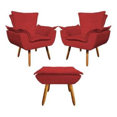 Imagem de Kit 2 Poltrona+puff Opala Cadeira Retro Suede Vermelho - King Lar