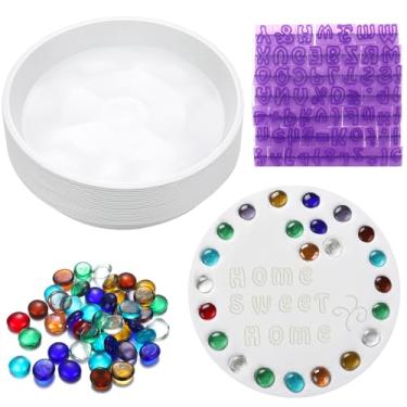 Imagem de LOYIM Kit de 20 peças de 20 cm inclui molde de concreto redondo, mosaico de azulejos e letras, números, carimbos, faça você mesmo, faça seu jardim, trampolim para decoração ao ar livre (sem mistura de