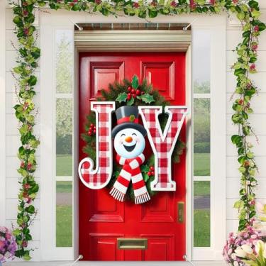 Imagem de BlissYard Capa de porta de Natal, decoração de guirlanda de alegria, boneco de neve, 89 x 188 cm, banners festivos para decoração de parede interna e externa, tecido de poliéster para meninas ou