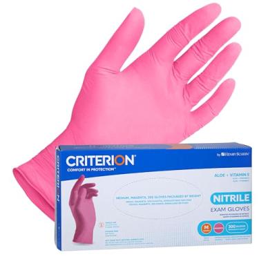 Imagem de Henry Schein Criterion Luvas de exame de nitrilo, rosa magenta, 200/caixa, grande, sem látex, sem pó, fórmula calmante com vitamina E e Aloe Vera
