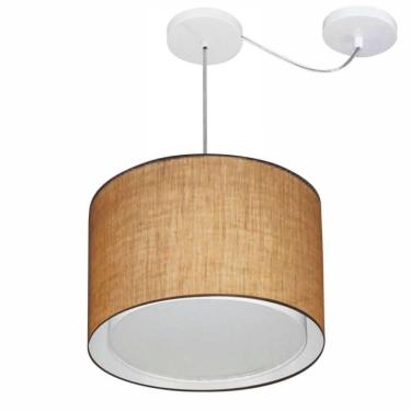 Imagem de Lustre Pendente Cilíndrico Com Desvio De Centro Vivare Md-4312 Cúpula Em Tecido 40x30cm - Bivolt Palha 127/220v