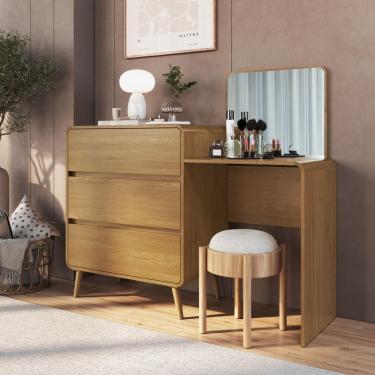 Imagem de Cômoda Penteadeira Multifuncional Com Espelho E 3 Gavetas Grande Para Quarto Estilo Retrô Carvalho Xingu