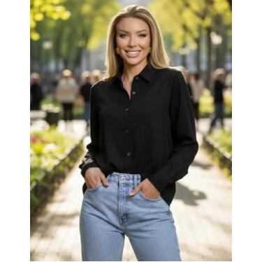 Imagem de Camisa Social Lisa Feminina Manga Longa De Botão Sem Bolso Fresca Leve