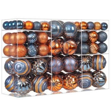 Imagem de Conjunto de 100 peças de enfeites de Natal azuis e laranja para árvore, enfeites de bola de Natal inquebráveis, decoração de árvore de Natal, decoração interna e externa para feriado/festa (azul e