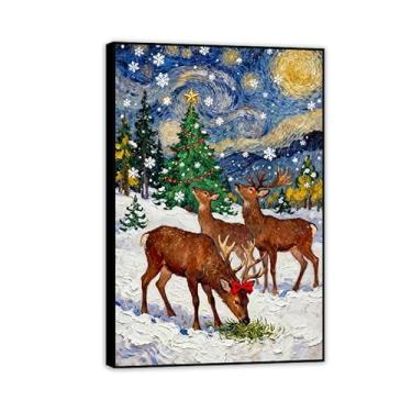 Imagem de Zeichn8u Impressão de arte de parede de Natal, rena, céu estrelado, pôsteres de Natal, decoração de quarto, galeria, sala de estar, banheiro, decoração de parede, 90 x 60 cm, moldura preta