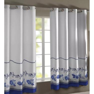 Imagem de Cortina Cozinha Oxford Linhão Premium Estampada (2,40 x 1,40, Floral Azul)