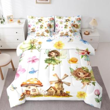 Imagem de Erosebridal Conjunto de edredom solteiro de jardim de fadas, 7 peças, princesas sonhadoras, para crianças, meninos, meninas, flores românticas, plantas, edredom e lençol de casal