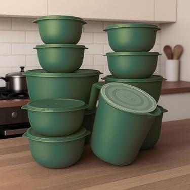 Imagem de Kit Potes 10 Bowl + Jarra Cozinha Saladeira Pote Marmitas Plástico (Verde oliva)