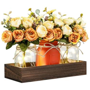 Imagem de Decoração de mesa de centro de mesa com 3 frascos de flores com cordão de luzes e bandeja de madeira para sala de jantar, casa de fazenda, outono, casamento, cozinha, sala de estar, banheiro