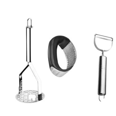 Imagem de Kit de Cozinha 3 em 1, Amassador de Batatas, Triturador de Alho e Cortador de Legumes em Aço Inoxidável, Utensílios de Cozinha Multifuncionais
