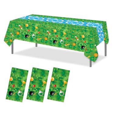 Imagem de 3pcs Toalhas Mesa Festa Verde Pixel, 137x274cm Toalhas Mesa Retangulares Impermeáveis Decoração Tema Videogame para Crianças Meninos Meninas Aventura Gamer Celebração de Aniversário Decorações
