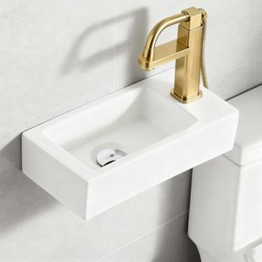 Imagem de Suporte de parede para pia pequena, pia de banheiro retangular de 35,56 cm x 17,78 cm, retangular pequeno e moderno flutuante, pia de vaso de cerâmica branca, economiza espaço, mão direita